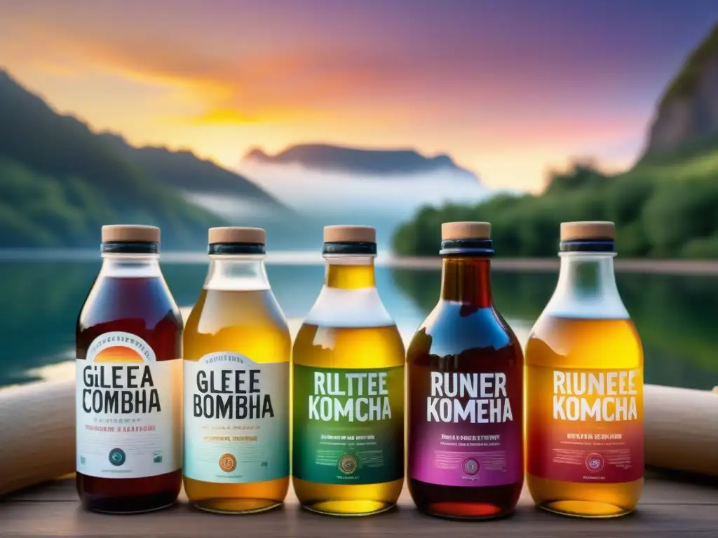 Un grupo de atletas con kombucha sin gluten, disfrutando de un atardecer vibrante junto al lago