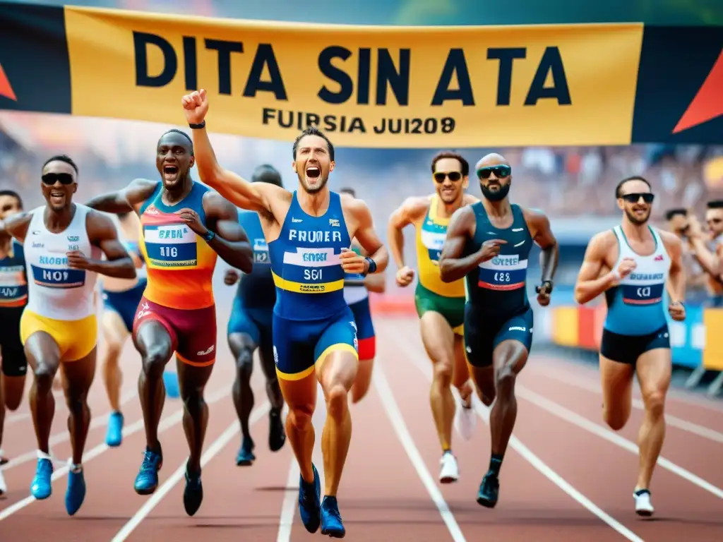 Triunfo de atletas élite: Dieta Sin Gluten Para Atletas Grupo de atletas cruzando la meta juntos en una carrera, bajo un banner 'Dieta Sin Gluten Para Atletas', en un estadio vibrante y lleno de energía