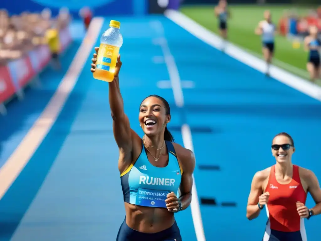 Un grupo de atletas sonrientes se extienden por una bebida de electrolitos sin gluten en un vibrante campo deportivo