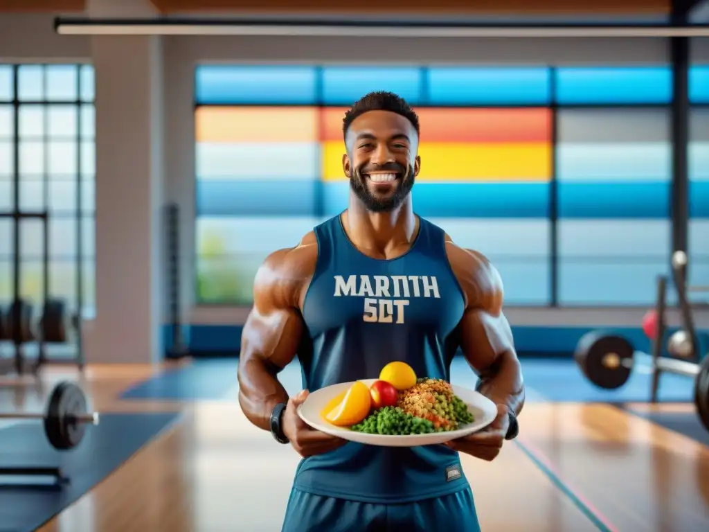 Un grupo de atletas diversos sonrientes con comidas coloridas y saludables, en un gimnasio vibrante