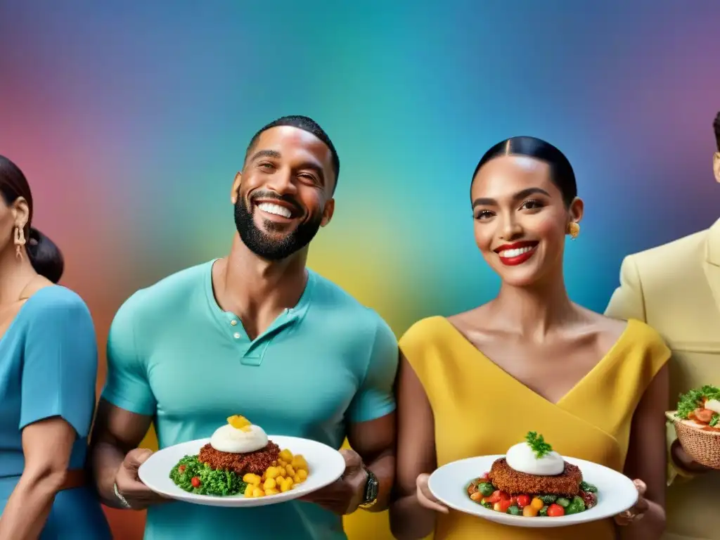 Grupo de celebridades con enfermedad celiaca disfrutando de platos sin gluten con alegría y confianza