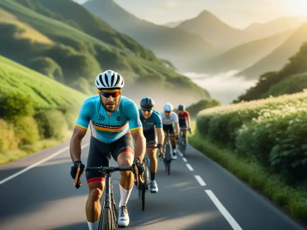 Un grupo de ciclistas diverso y determinado pedaleando por una pintoresca carretera de montaña al atardecer, transmitiendo camaradería y logro