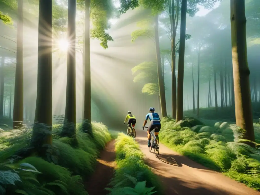 Un grupo de ciclistas pedalea con energía en un sendero forestal, con luz filtrándose entre los árboles