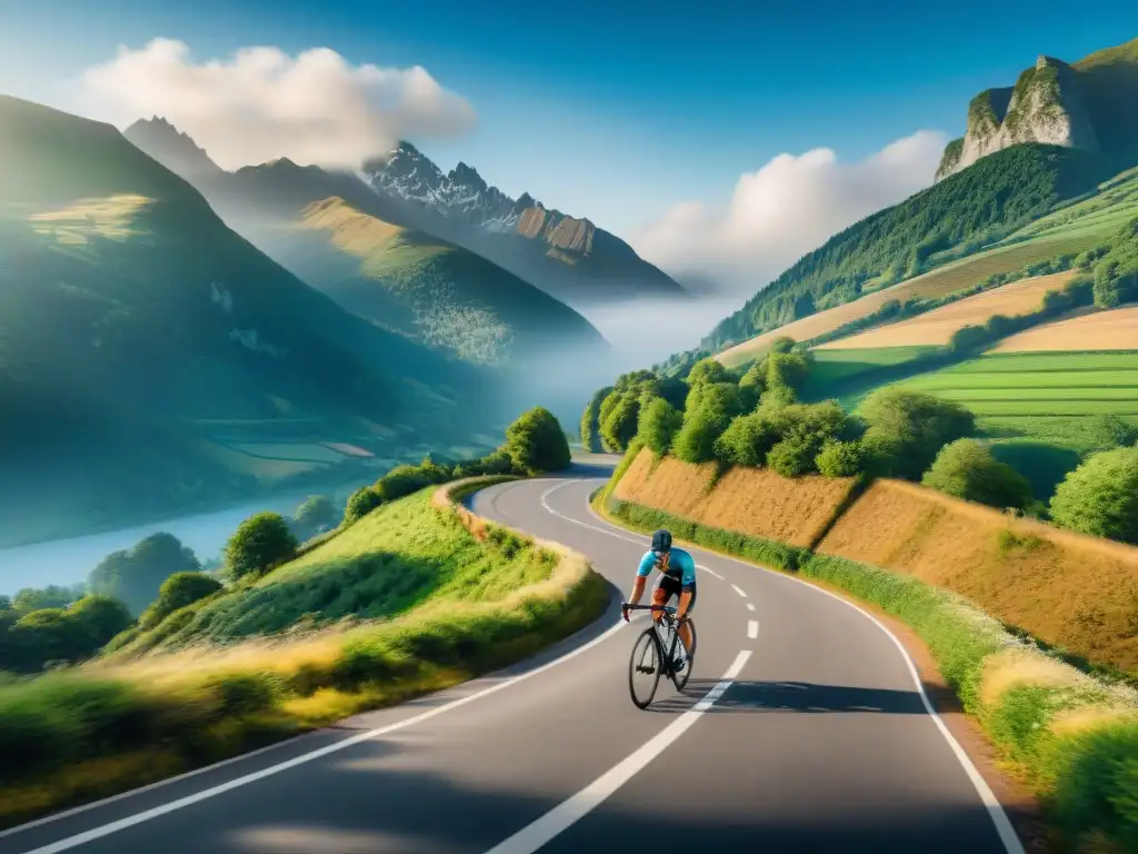 Un grupo de ciclistas en acción en una escénica carretera de montaña, rodeados de vegetación, transmitiendo energía y determinación