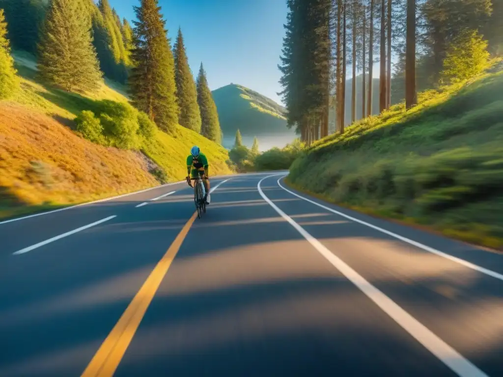 Un grupo de ciclistas en un paisaje montañoso, con árboles verdes y cielo azul