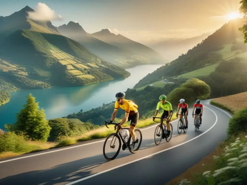 Un grupo de ciclistas pedaleando en una pintoresca carretera de montaña al atardecer, con un cálido resplandor dorado