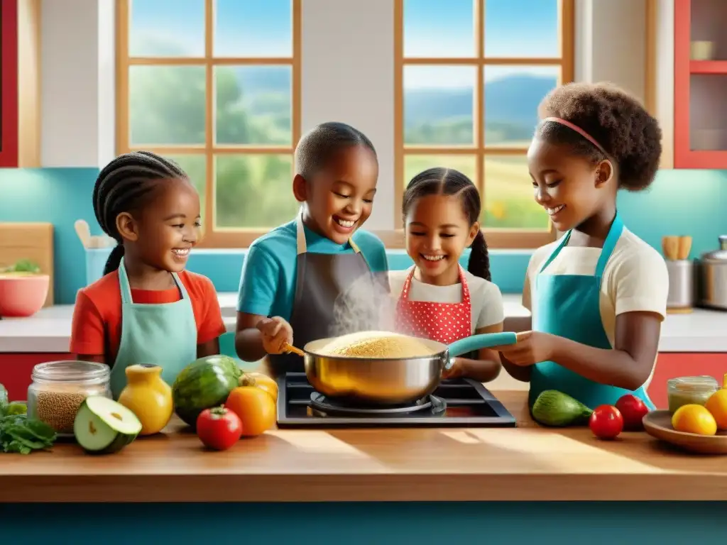 Un grupo de niños cocina sin gluten con alegría en una cocina colorida y bien iluminada, realizando actividades divertidas cocina sin gluten