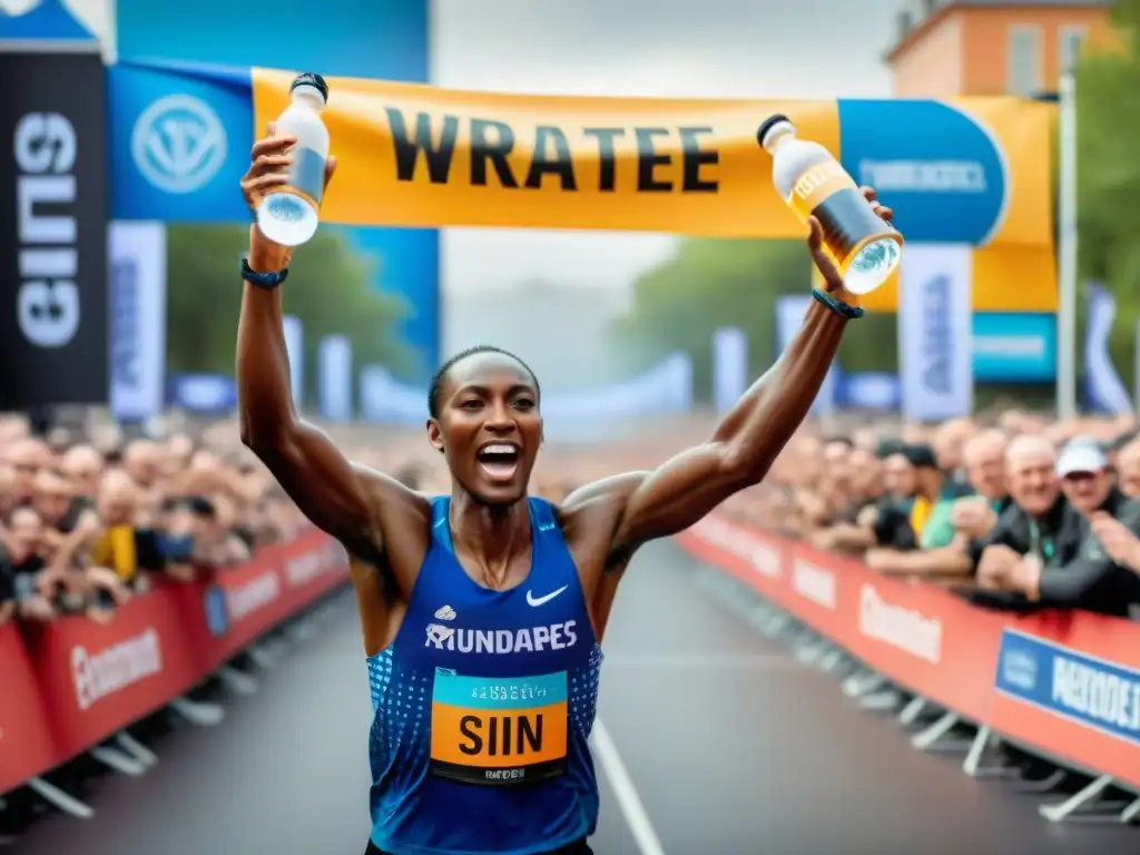 Grupo de corredores cruzando la meta en maratón, triunfo y determinación con 'Planes alimenticios sin gluten deporte'