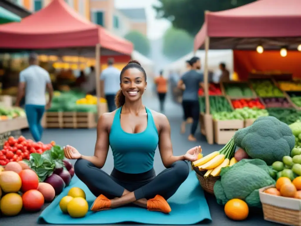 Estilo de vida saludable en mercado con diversidad de personas Un grupo diverso disfruta actividades al aire libre en un mercado vibrante, resaltando beneficios dieta sin gluten mental