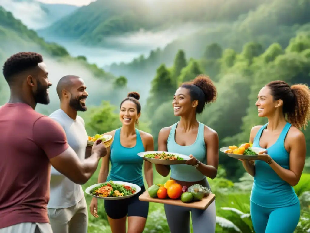 Grupo diverso disfruta de actividades al aire libre con comida glutenfree en bosque verde