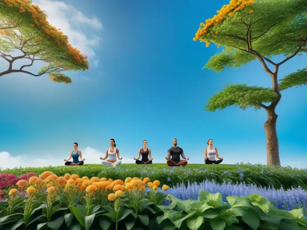 Un grupo diverso disfruta de actividades al aire libre en un parque verde y sereno bajo un cielo azul claro, transmitiendo vitalidad y bienestar