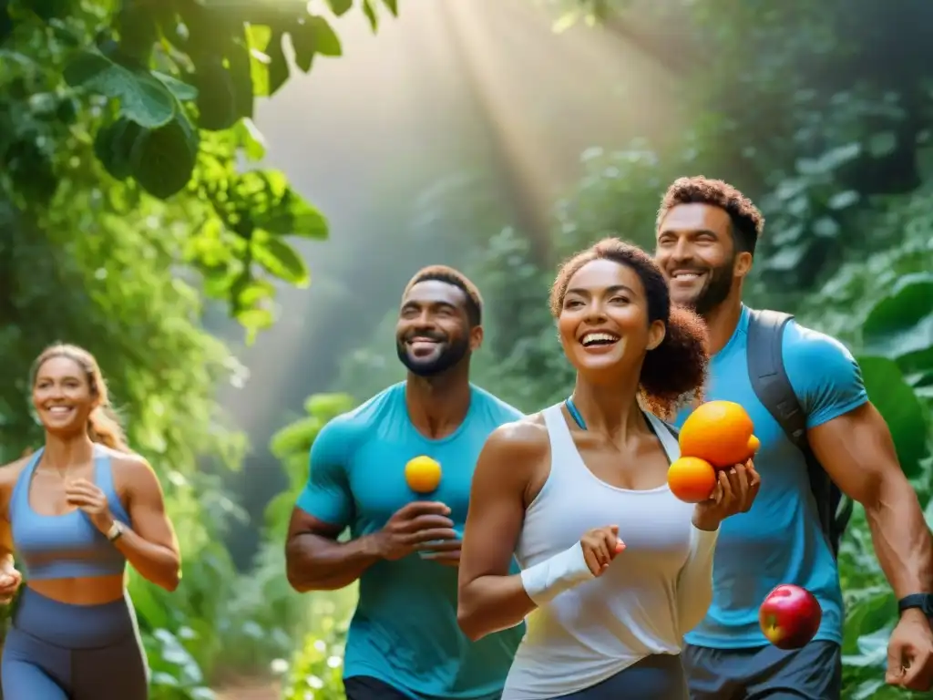 Grupo diverso disfruta actividades al aire libre con frutas y verduras coloridas, resaltando beneficios vitaminas B sin gluten