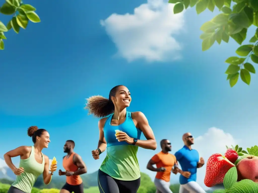 Un grupo diverso disfrutando de actividades al aire libre con snacks sin gluten, transmitiendo vitalidad y bienestar