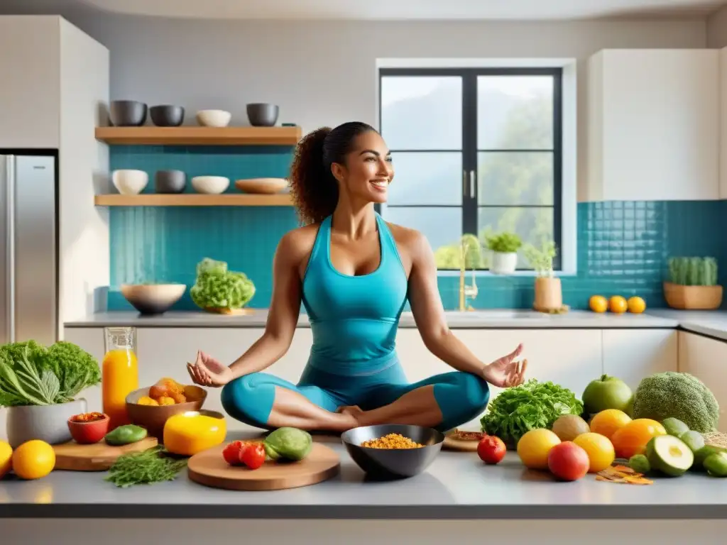 Grupo diverso disfruta de actividades físicas, mientras mujer prepara comida sin gluten en cocina vibrante