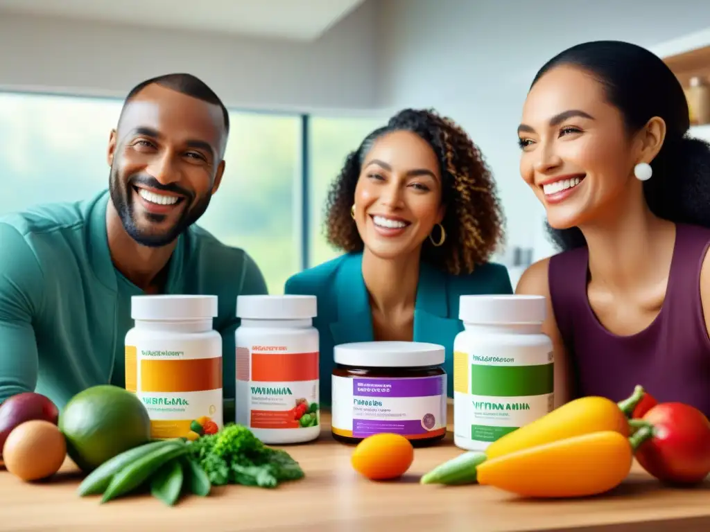 Un grupo diverso de adultos sonrientes toma suplementos vitamínicos sin gluten en una cocina moderna y luminosa, rodeados de frutas y verduras