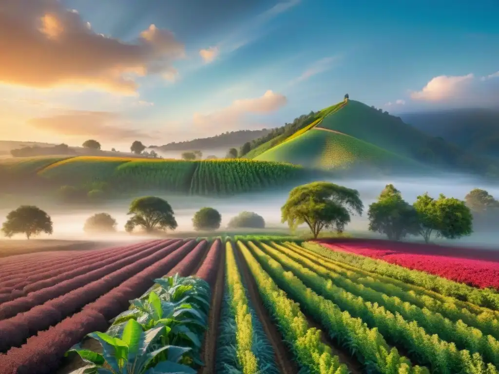 Un grupo diverso de agricultores trabajando juntos en un campo exuberante con cultivos libres de gluten innovadores al atardecer