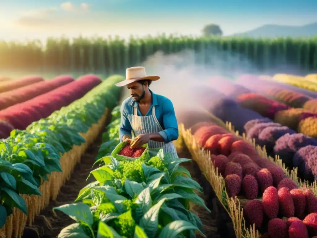 Un grupo diverso de agricultores cosechando quinua colorida bajo el sol brillante en un campo exuberante, mostrando técnicas únicas