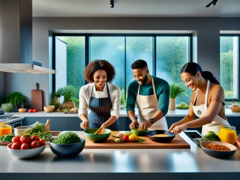 Un grupo diverso y alegre cocina juntos en una cocina moderna, creando recetas sin gluten innovadoras