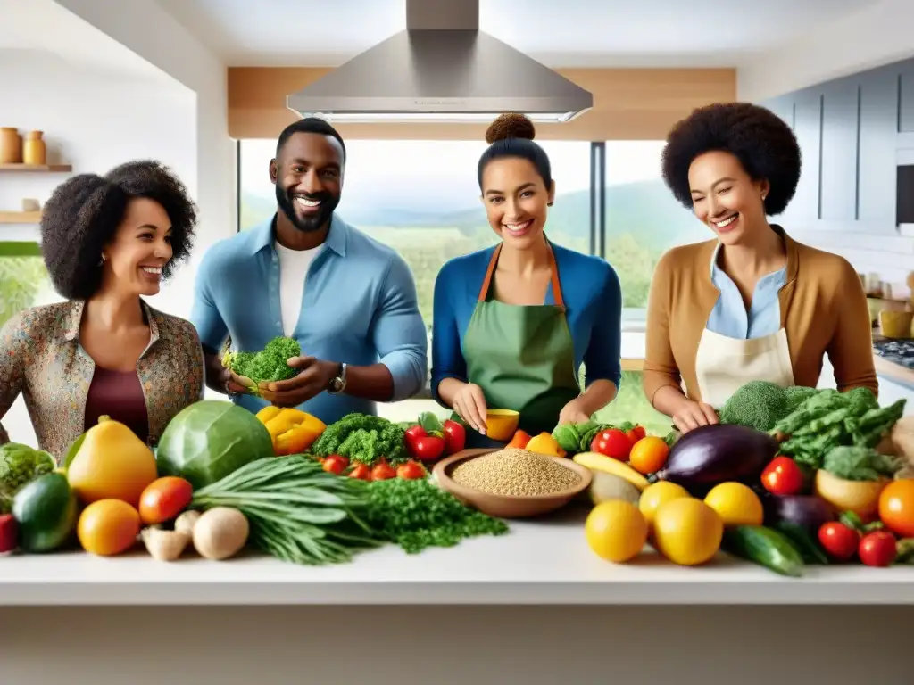 Un grupo diverso y alegre cocina superalimentos sin gluten en una cocina moderna y luminosa