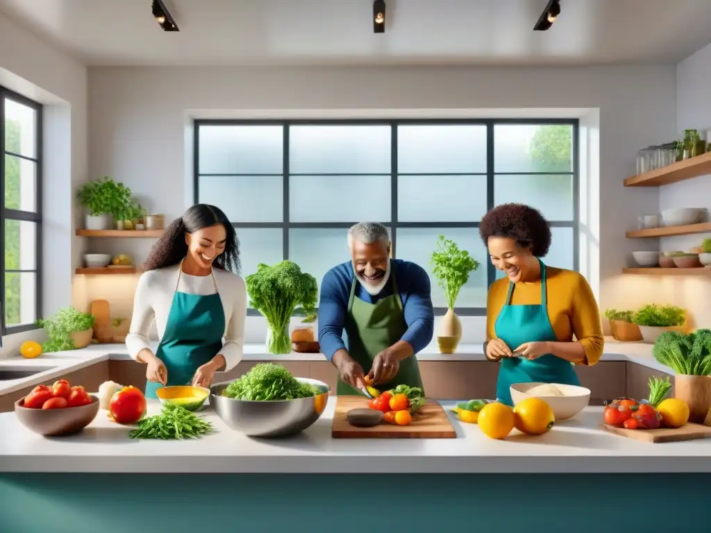 Un grupo diverso y alegre cocina en armonía en una cocina moderna y luminosa