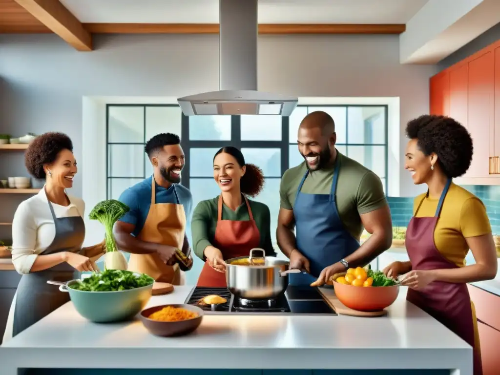 Un grupo diverso y alegre cocina juntos en una cocina moderna y bien equipada, creando recetas sin gluten innovadoras