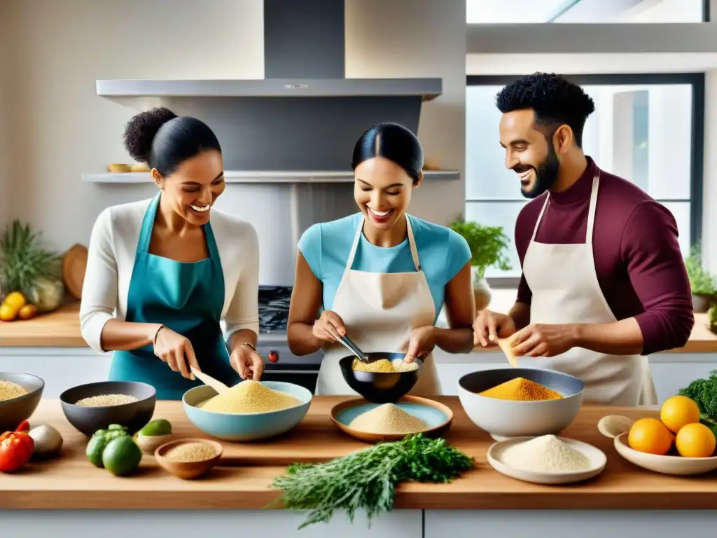 Cocina glutenfree: Comunidad y creatividad en la cocina moderna Un grupo diverso y alegre cocina con sustitutos innovadores en una cocina moderna, creando recetas sin gluten