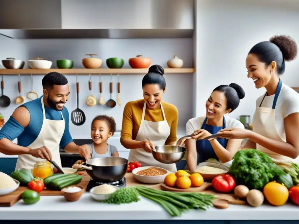 Un grupo diverso y alegre cocina juntos en una cocina moderna con ingredientes sin gluten