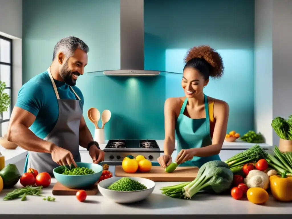 Un grupo diverso y alegre cocina juntos en una moderna cocina luminosa, llena de ingredientes sin gluten