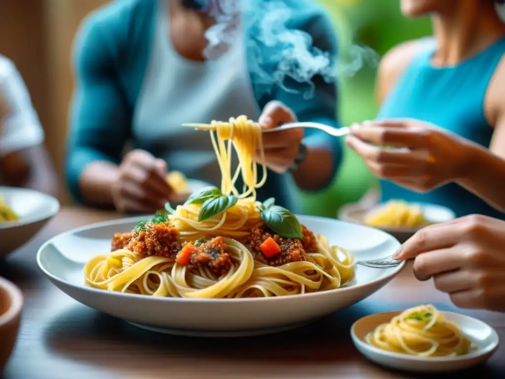 Grupo diverso disfruta alegre comida sin gluten, variedad de pastas con vapor, frescura y calidez