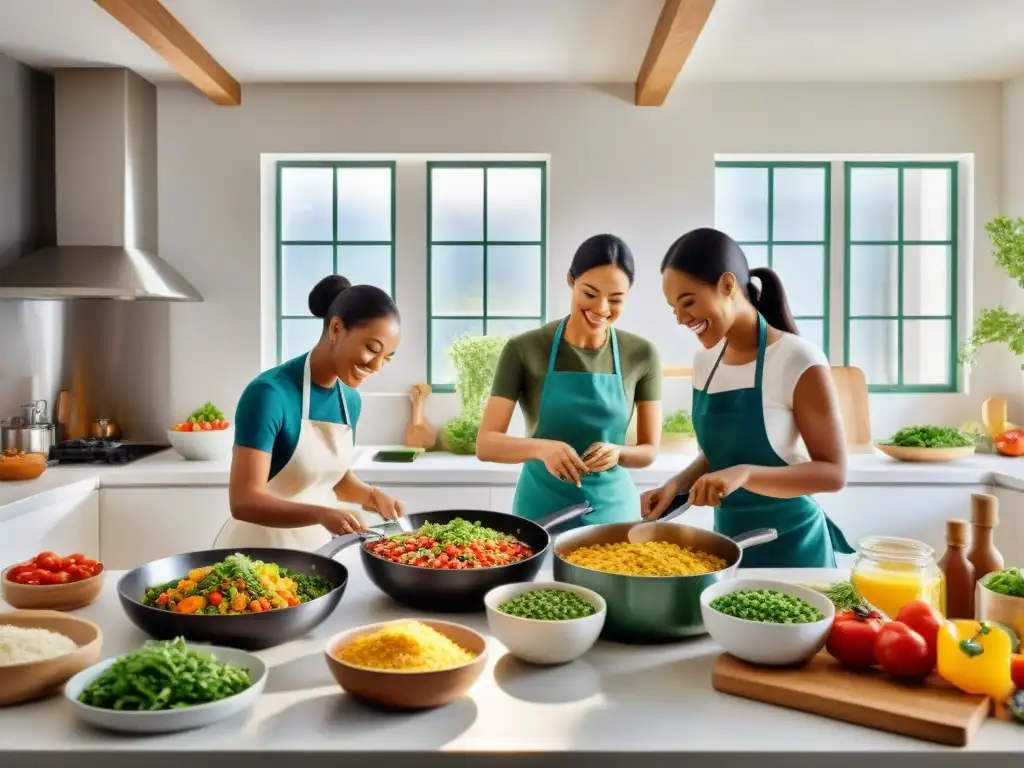 Grupo diverso preparando alegres comidas sin gluten en cocina luminosa y amplia