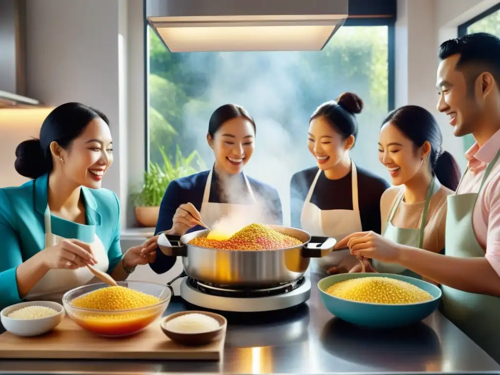 Un grupo diverso cocinando con alegría en una cocina moderna, rodeados de deliciosos platillos de tapioca