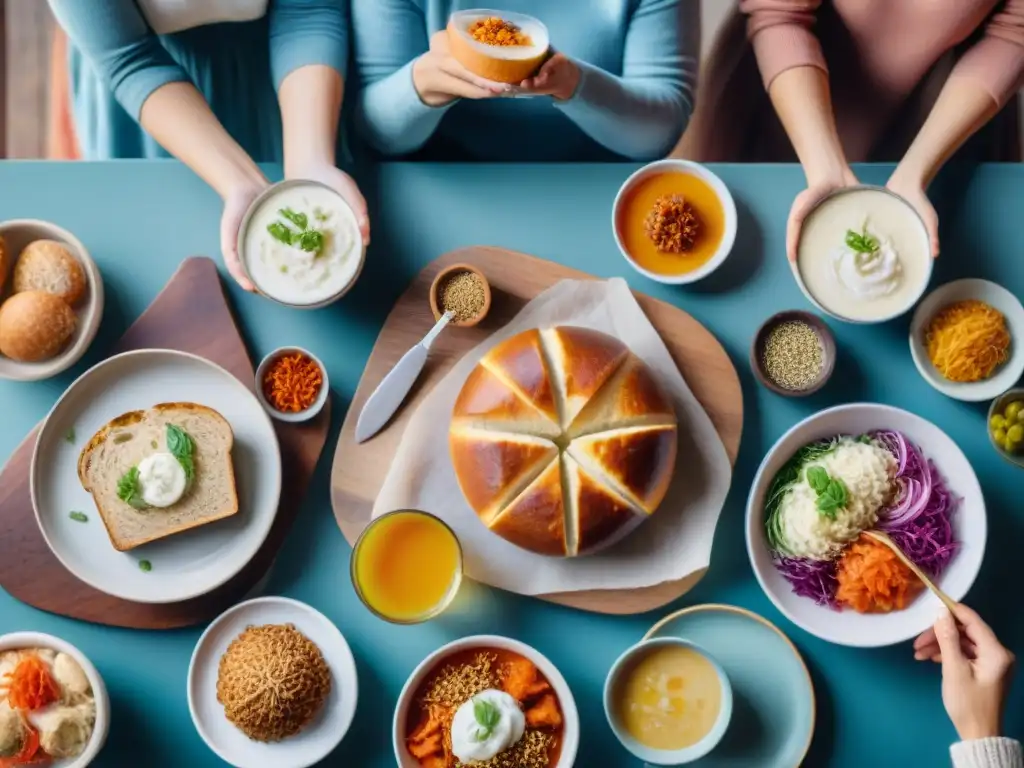 Disfrute diverso de alimentos fermentados sin gluten Un grupo diverso disfruta alimentos fermentados sin gluten, destacando beneficios de digestibilidad