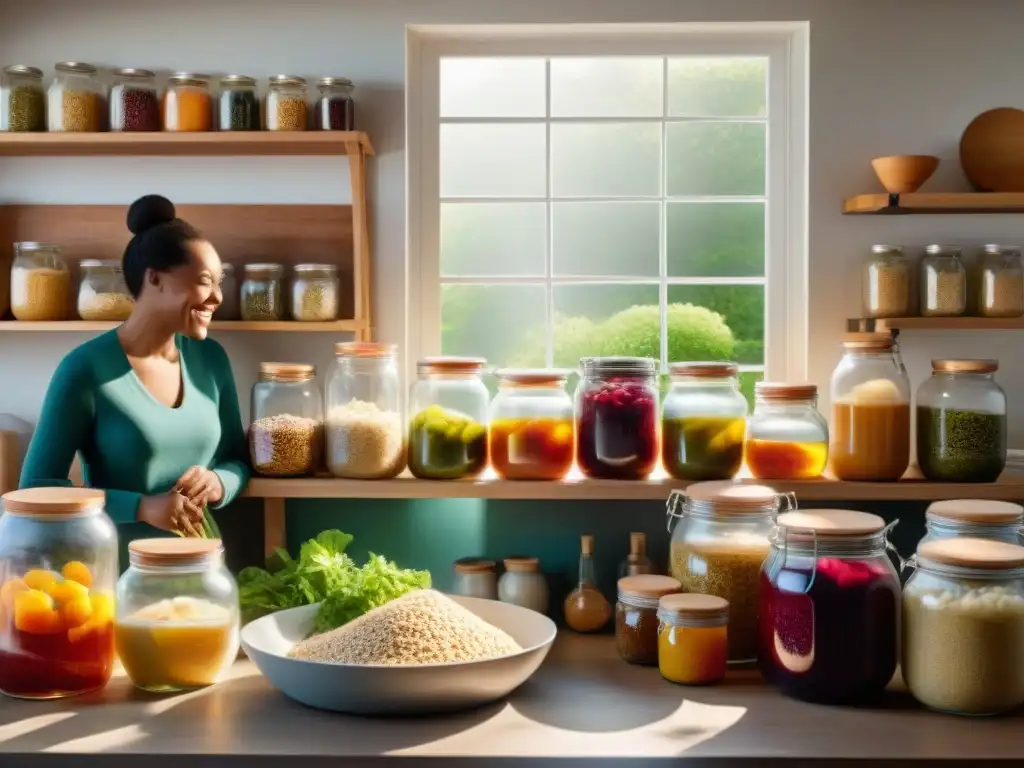 Un grupo diverso disfruta fermentando alimentos sin gluten en una cocina luminosa y colorida