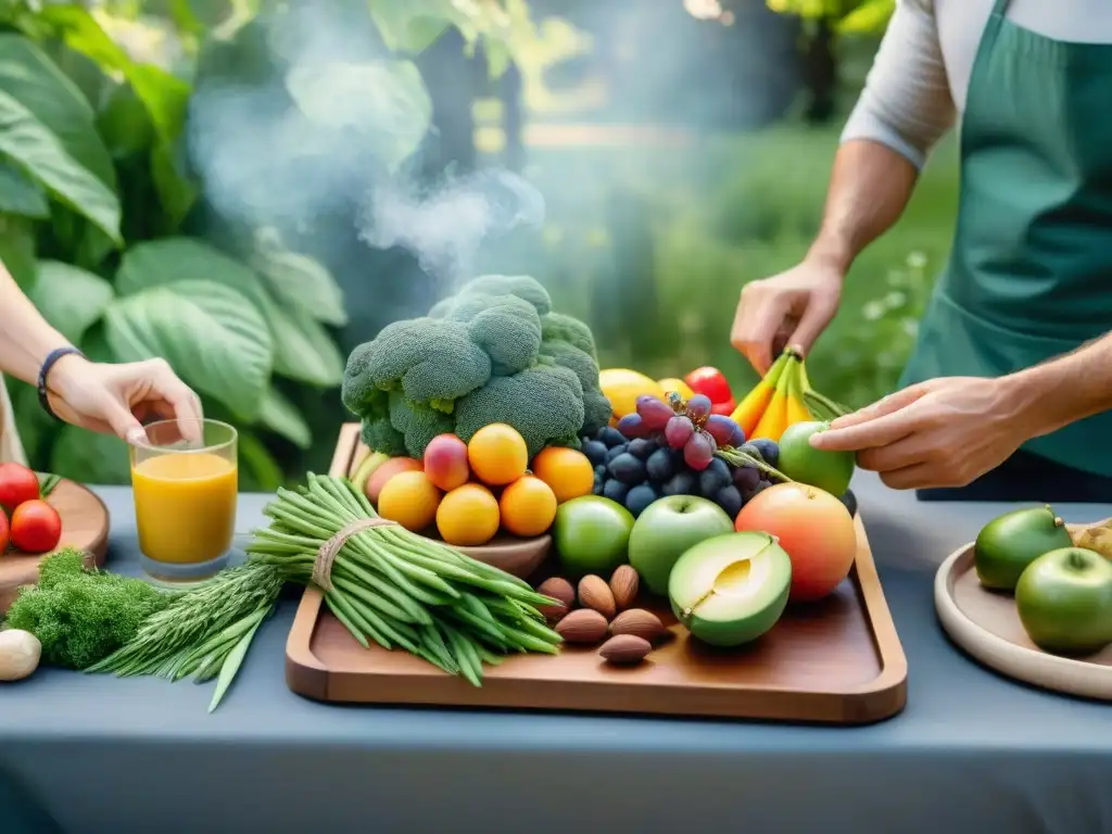 Un grupo diverso disfruta de alimentos orgánicos sin gluten bajo el sol, transmitiendo salud y conexión con la naturaleza