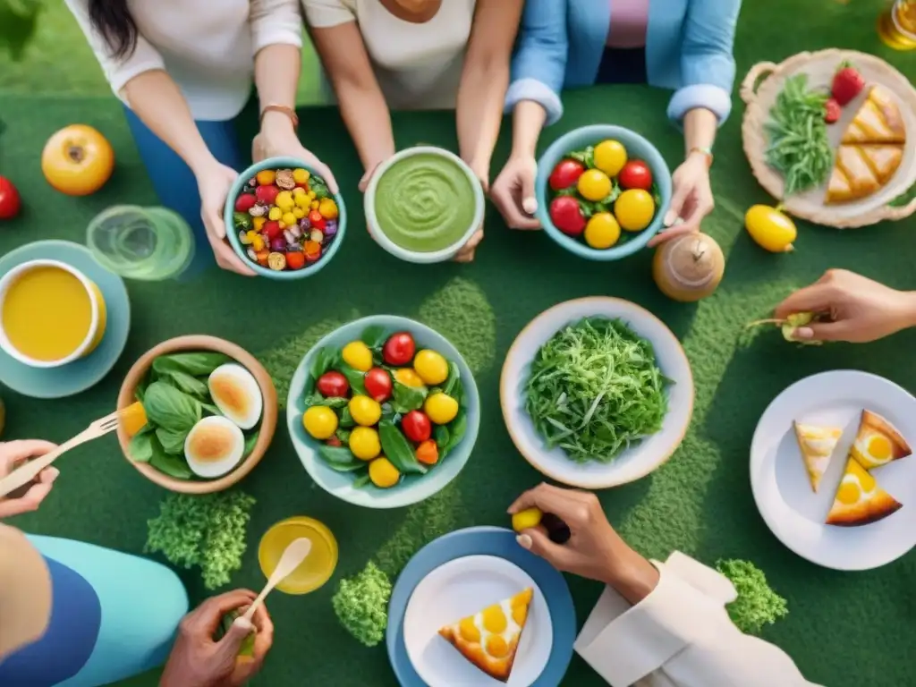 Grupo diverso disfrutando alimentos sin gluten en picnic vibrante en el parque