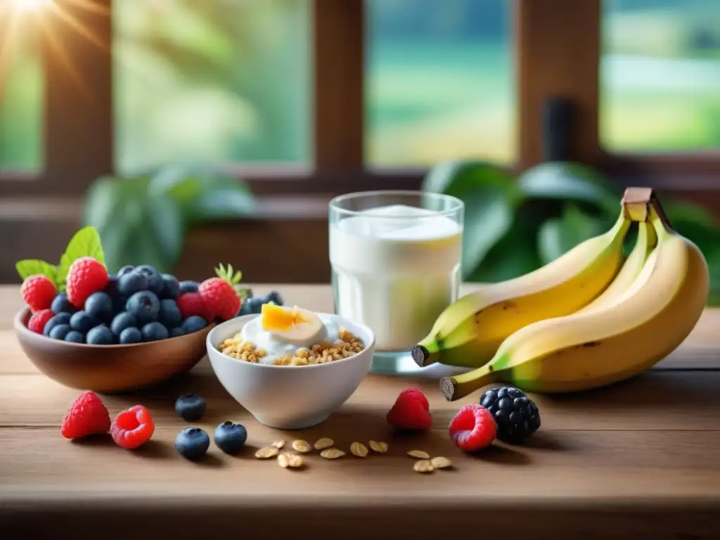 Un grupo diverso disfruta de alimentos prebióticos y probióticos sin gluten en una mesa de madera, irradiando vitalidad y bienestar