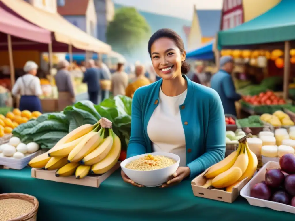 Grupo diverso disfruta de alimentos prebióticos y probióticos sin gluten en mercado vibrante