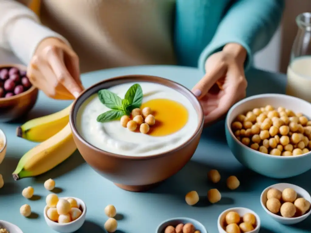 Un grupo diverso disfruta alimentos prebióticos y probióticos sin gluten en un ambiente acogedor y colorido