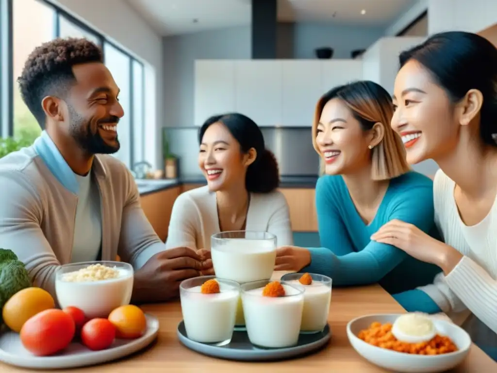 Un grupo diverso disfruta alimentos probióticos sin gluten en una cocina moderna y luminosa, transmitiendo salud y comunidad