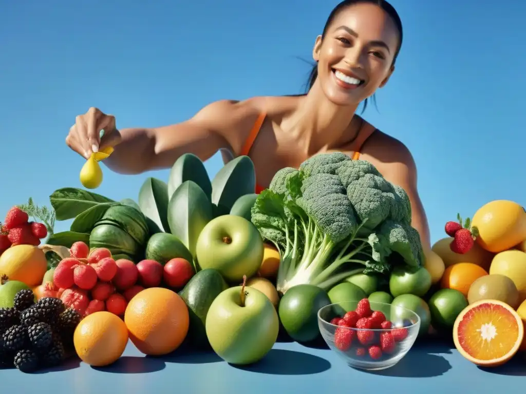 Un grupo diverso disfruta de alimentos ricos en vitaminas bajo el sol, transmitiendo vitalidad y bienestar