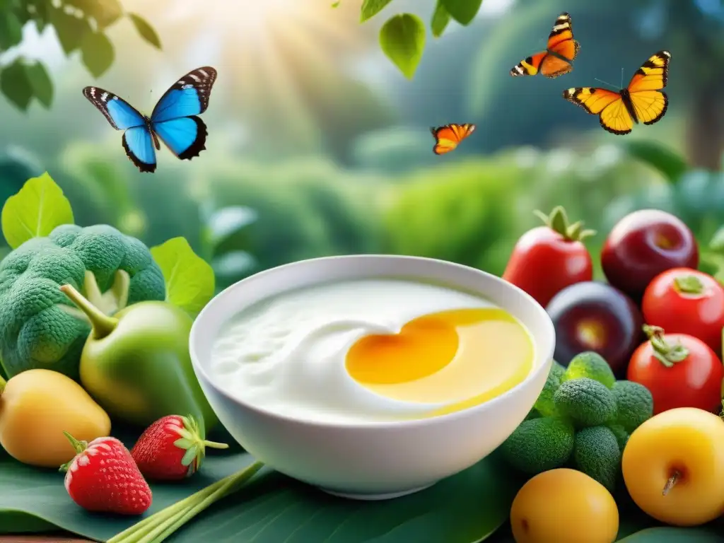 Un grupo diverso disfruta de alimentos saludables en un jardín vibrante