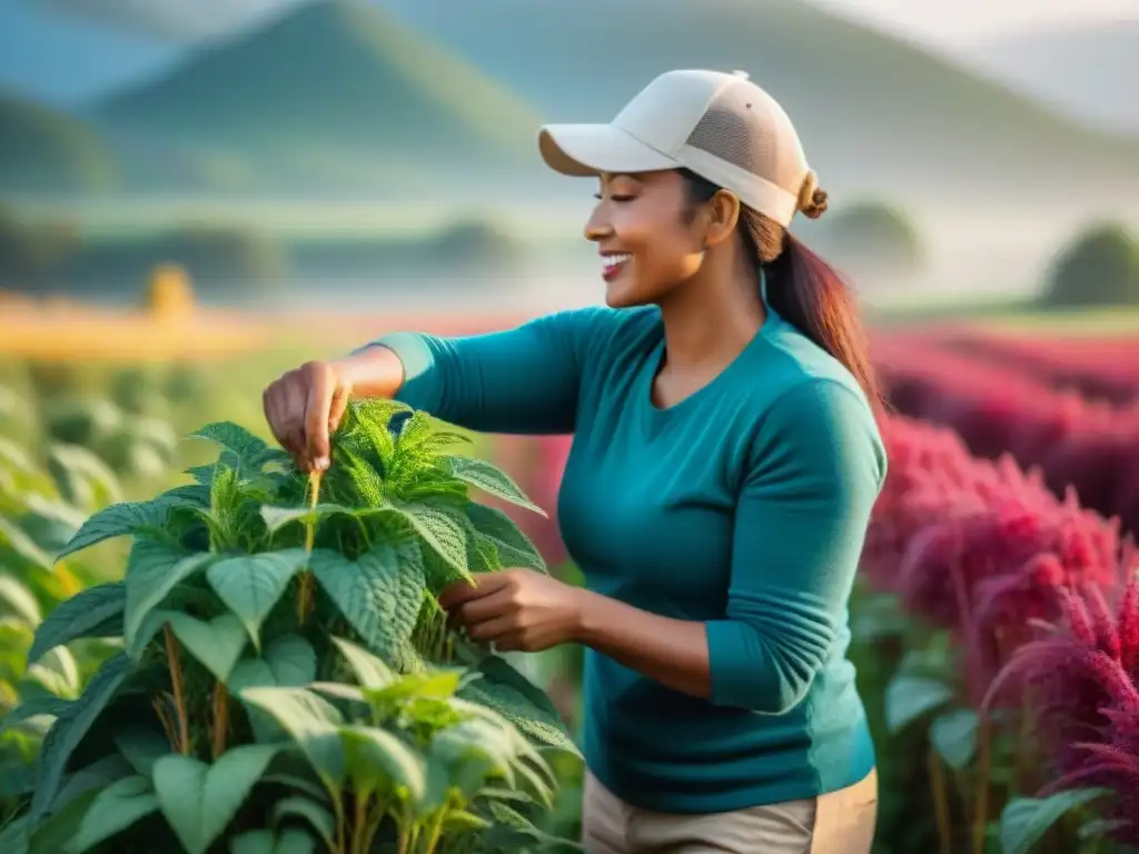 Grupo diverso cosechando amaranto en un campo soleado, conectando con beneficios amaranto sin gluten