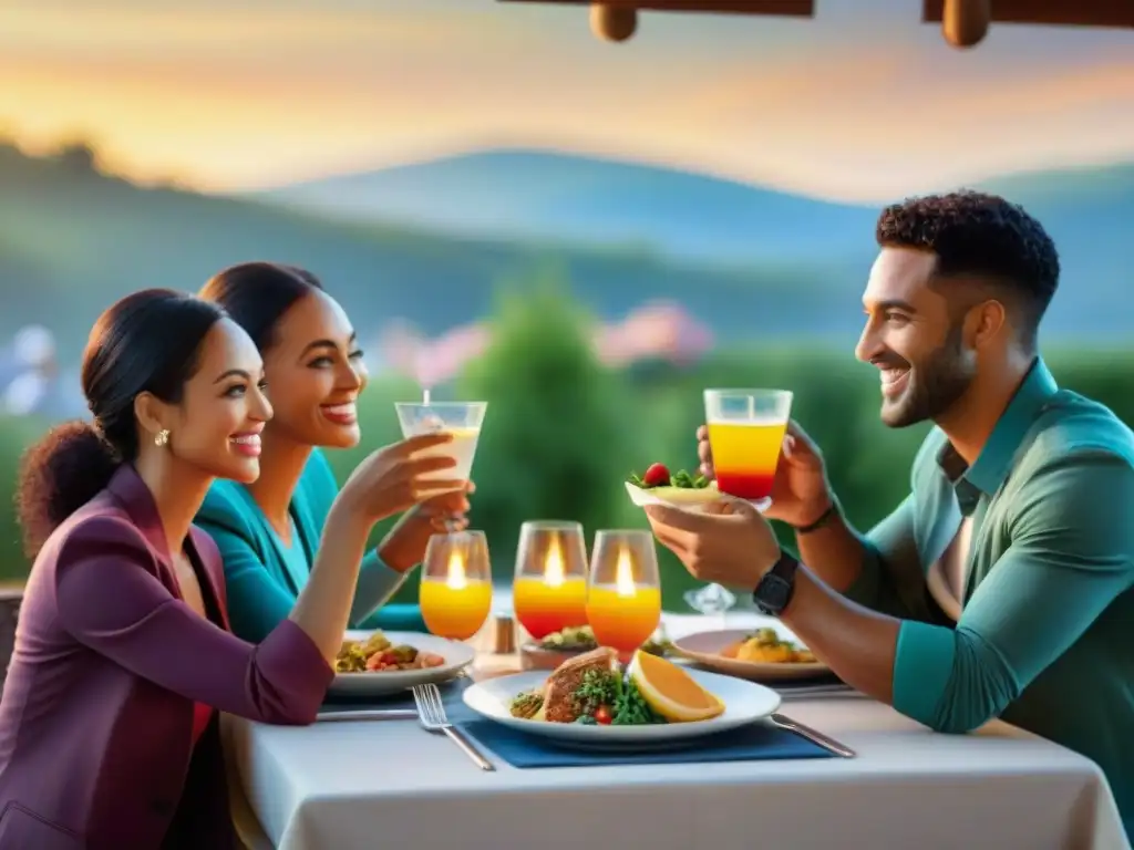 Un grupo diverso de amigos con alergias alimentarias disfruta una comida segura en un restaurante al aire libre