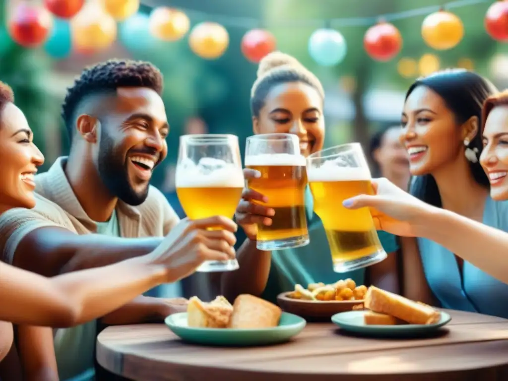 Un grupo diverso de amigos brinda con cerveza sin gluten en un jardín, creando un ambiente cálido y festivo