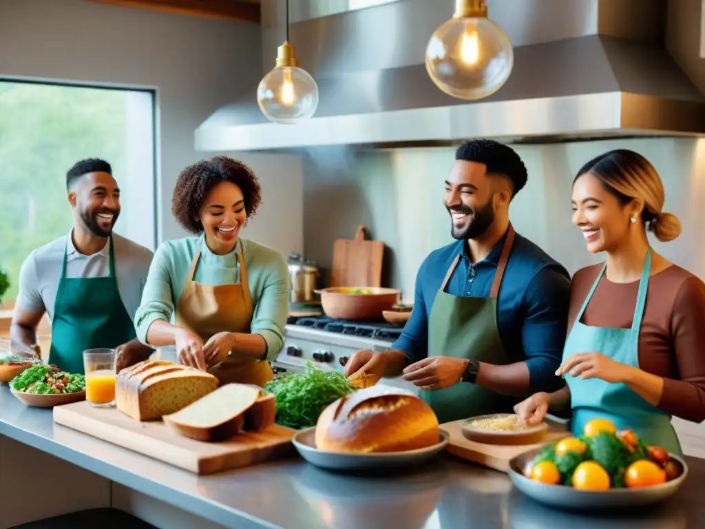 Un grupo diverso de amigos ríe y cocina en una escena acogedora, con recetas sin gluten innovadoras y divertidas