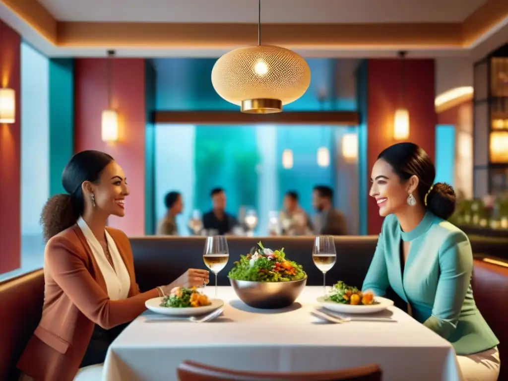 Un grupo diverso de amigos disfruta de una comida sin gluten en un restaurante elegante, creando un ambiente cálido y acogedor