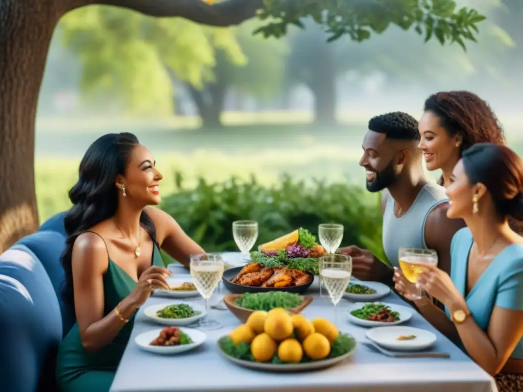 Un grupo diverso de amigos disfruta de una comida al aire libre con platos sin gluten, creando un ambiente acogedor