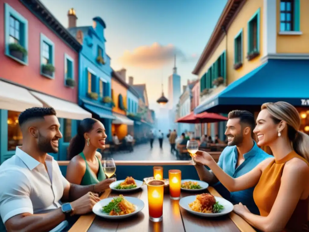 Un grupo diverso de amigos disfruta de una comida sin gluten en un restaurante al aire libre, reflejando alegría y conexión