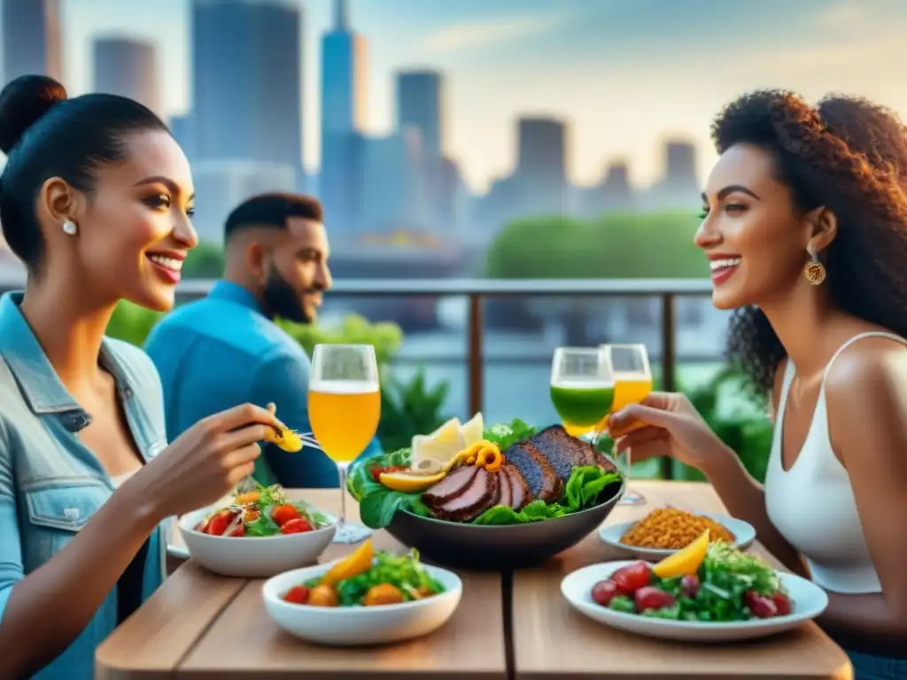 Un grupo diverso de amigos disfruta de una comida sin gluten en un restaurante al aire libre, con platos deliciosos y coloridos