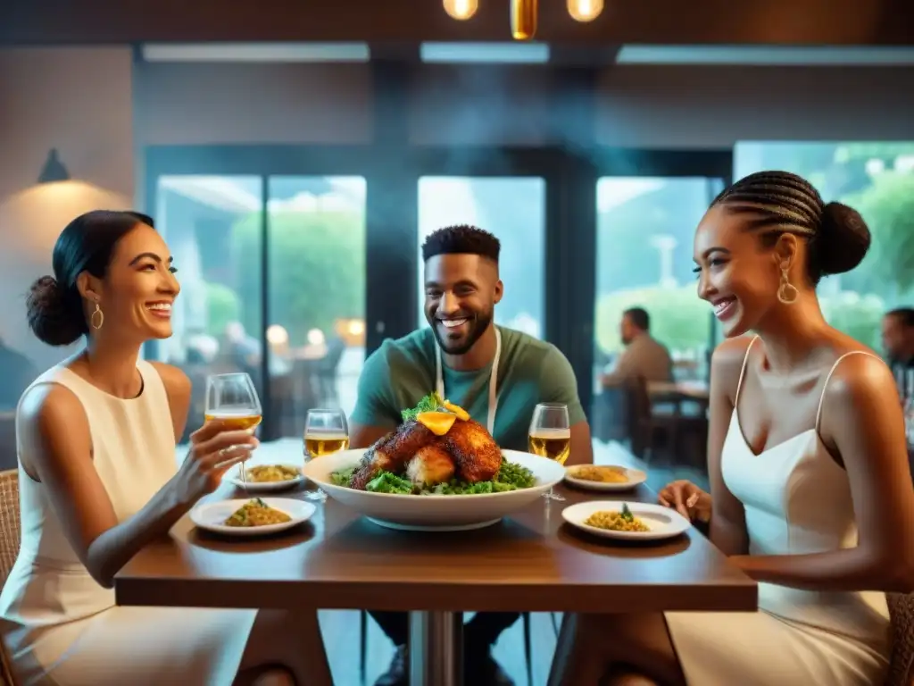 Un grupo diverso de amigos disfruta de una comida en un restaurante, con un plato sin gluten en el centro